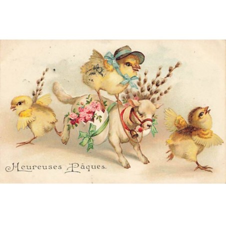 n°23638 - Carte Gaufrée - Heureuses Pâques - Poussins, dont l'un sur le dos d'un agneau