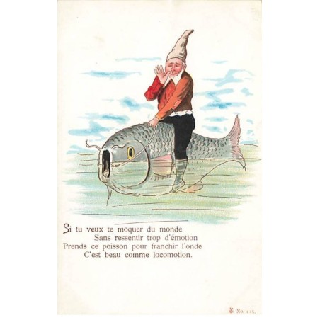n°23643 - Fantaisie - Si tu veux te moquer du monde ... - Lutin sur le dos d'un poisson