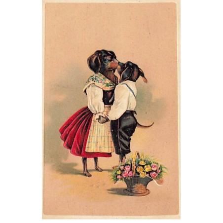 n°23645 - Carte Gaufrée - Couple de Teckels habillés s'embrassant - Dackel