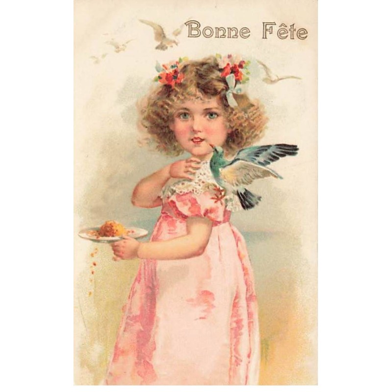 n°23647 - Fantaisie - Bonne Fête - Fillette nourrissant un pigeon sur son épaule