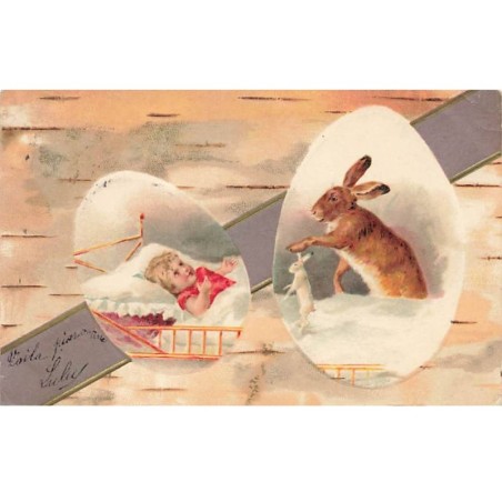 n°23648 - Carte Gaufrée - Fantaisie - Lievre regardant un bébé dormant