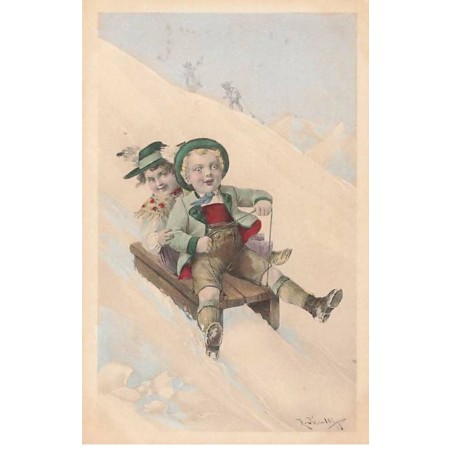 n°23649 - R. Kratky - Enfants en tenue tyrolienne, sur une luge