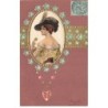 n°23650 - Carte Gaufrée - Femme de dos dans un médaillon décoré de myosotis