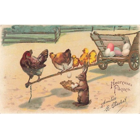 n°23674 - Carte Gaufrée - Heureuses Pâques - Poule pondant, sur une charette remplie d'oeufs
