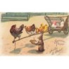 n°23674 - Carte Gaufrée - Heureuses Pâques - Poule pondant, sur une charette remplie d'oeufs