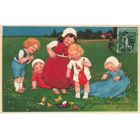 n°23675 - Carte Gaufrée - Flatscher Serie 7602 - Joyeuses Pâques - Enfants regardant des poussins dans un pré