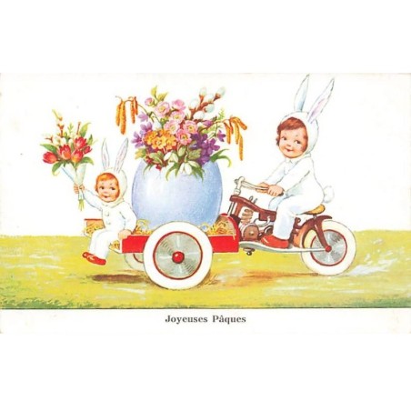 n°23676  - Joyeuses Pâques - Enfants déguisés en lapin apportant des fleus dans une coquille d'oeuf