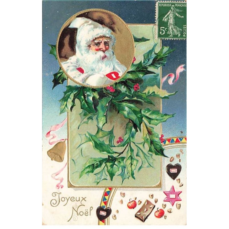 n°23678 - Carte Gaufrée - Joyeux Noël -Père Noël dans un médaillon avec du houx