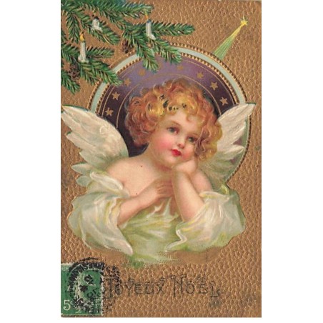 n°23682 - Carte Gaufrée - Clapsaddle - Joyeux Noël -Ange dans un médaillon sous une branche de sapin