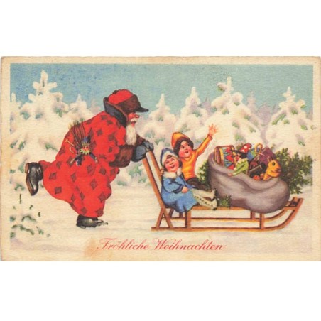 n°23689 - Fröhliche Weihnachten - Père Noël poussant des enfants, et des cadeaux sur un traineau