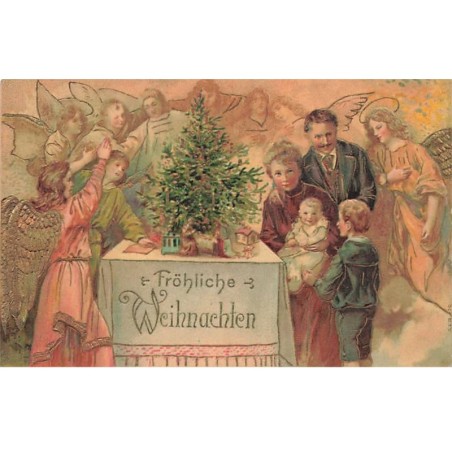 n°23691 - Carte Gaufrée - Fröhliche Weihnachten - Anges et une famille autour d'un sapin