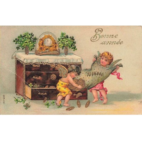 n°23692 - Carte Gaufrée - Bonne Année - Anges rangeant dans une commode des pièces d'or