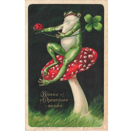 n°23694 - Carte Gaufrée - Bonne Heureuse Année -Grenouille assise sur un champignon - Coccinelle