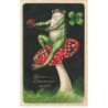 n°23694 - Carte Gaufrée - Bonne Heureuse Année -Grenouille assise sur un champignon - Coccinelle