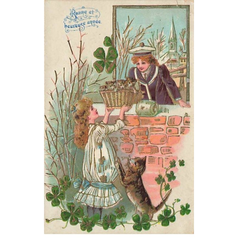 n°23695 - Carte Gaufrée - Bonne et Heureuse Année - Jeunes filles admirant des chats