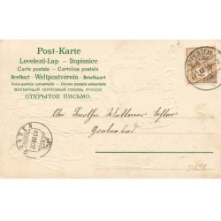 n°23698 -Carte Gaufrée - Enfants passant sous des fers à cheval et Bonhomme de Neige