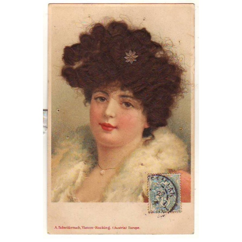 n°23703 - Carte avec cheveux - Fantaisie - Jeune femme