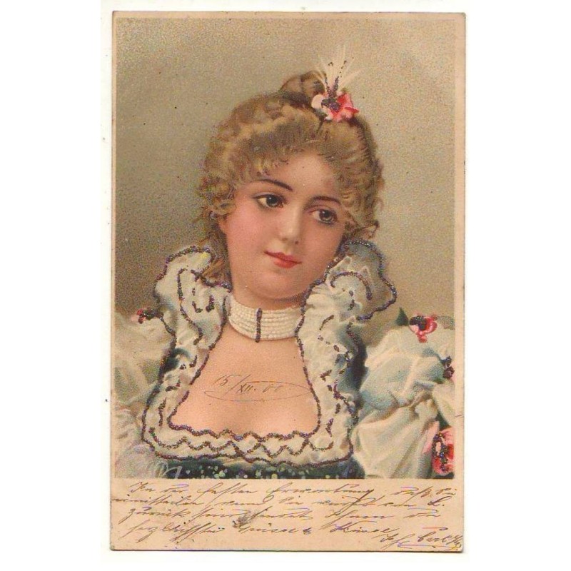 n°23704 - Carte avec paillettes - Jeune femme avec un collier de perles