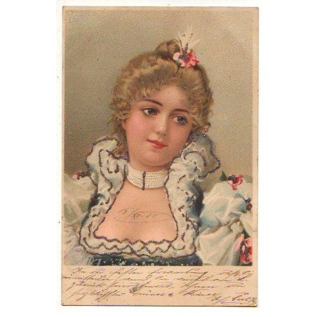n°23704 - Carte avec paillettes - Jeune femme avec un collier de perles