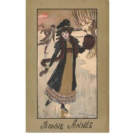 n°23708 - Illustrateur - Ethel Parkinson - Bonne Année - Jeune femme et jeune homme sur de la glace
