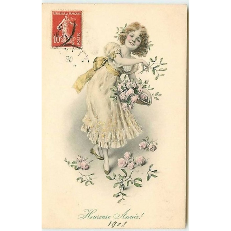 n°11669 - Carte Fantaisie - MM Vienne n°344 - Heureuse Année - Fillette avec des roses et du gui