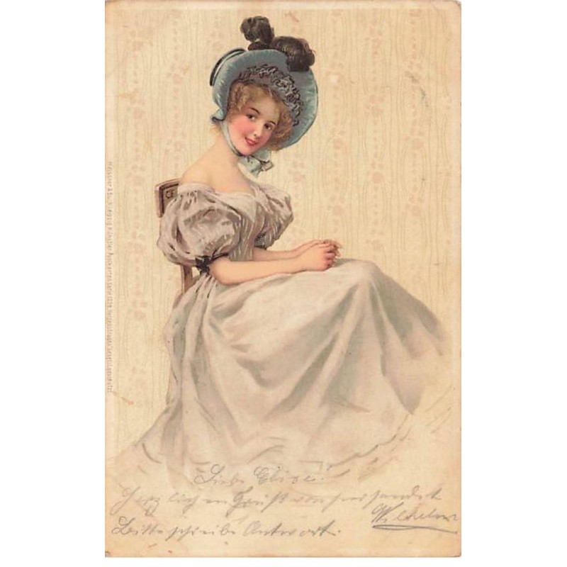 n°23711 - Meissner - MSM - Jeune femme assise et portant un chapeau avec plumes