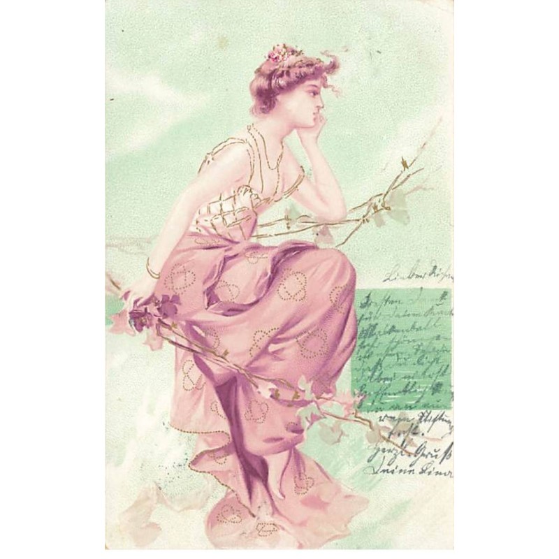 n°23712 - Illustrateur - Jeune femme pensive, entourée de branches