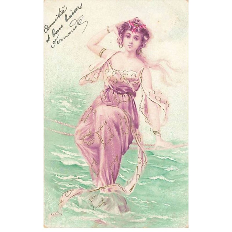n°23713 - Illustrateur - Jeune femme assise sur des cordes au-dessus de la mer