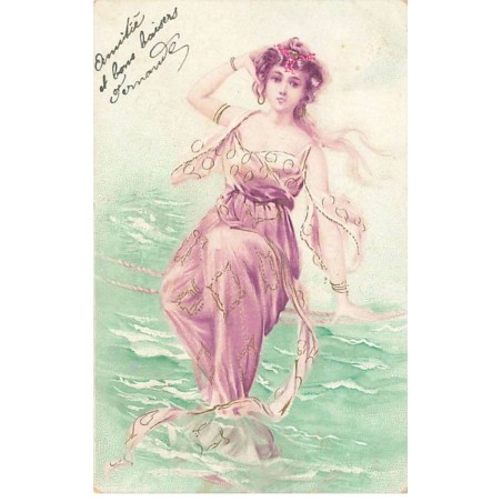 n°23713 - Illustrateur - Jeune femme assise sur des cordes au-dessus de la mer