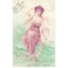 n°23713 - Illustrateur - Jeune femme assise sur des cordes au-dessus de la mer