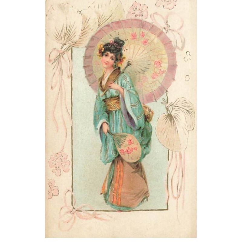 n°23714 - Fantaisie - Jeune femme japonaise en kimono se protégeant avec une ombrelle