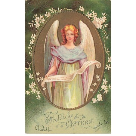 n°23716 - Carte Gaufrée - Clapsaddle - Fröhliche Ostern - Ange gardien tenant un parchemin au milieu d'un médaillon