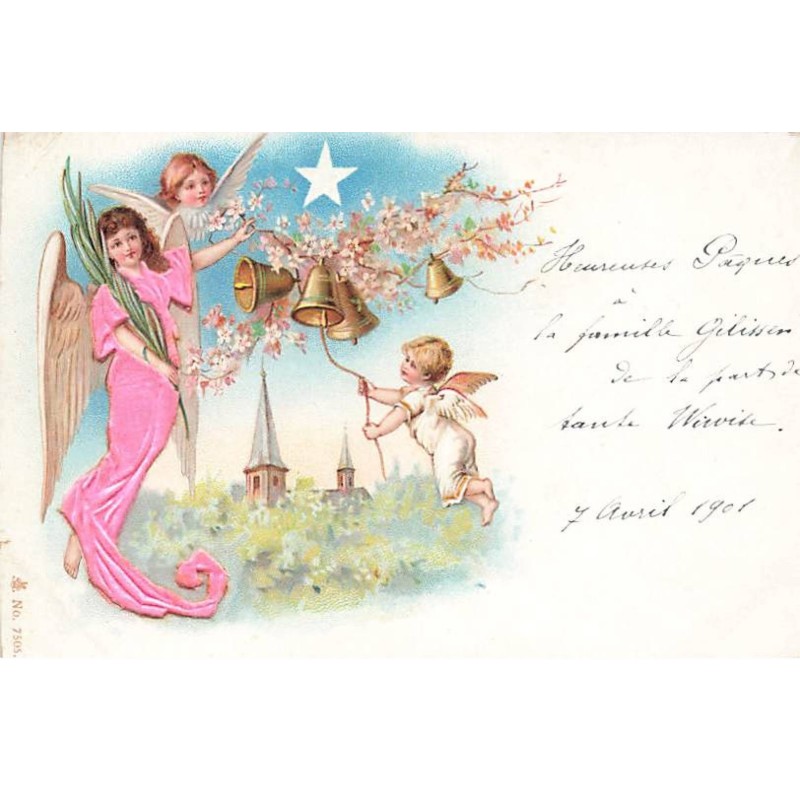 n°23717 - Carte avec du tissu - Anges sonnant des cloches