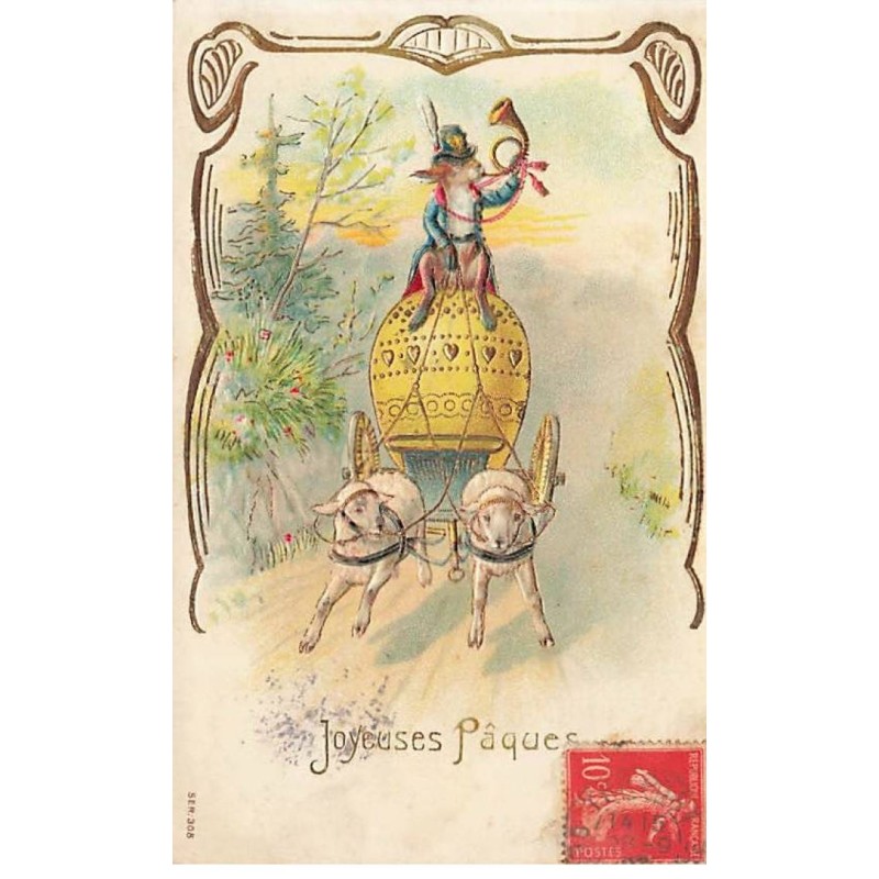 n°23719 - Carte Gaufrée - Joyeuses Pâques - Lapin sonnant dans un cor, assis sur un oeuf, tiré par des moutons