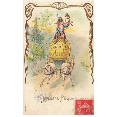n°23719 - Carte Gaufrée - Joyeuses Pâques - Lapin sonnant dans un cor, assis sur un oeuf, tiré par des moutons
