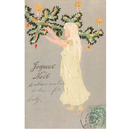 n°23724 - Carte Gaufrée - Joyeux Noël - Fillette décorant un sapin