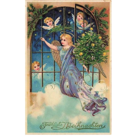 n°23728 - Carte Fantaisie - Fröhliche Weihnachten - Anges apportant un sapin