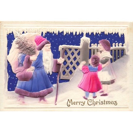 n°23733 - Carte en Relief  - Noël - D.R.E.M. - Merry Christmas - Fillettes accueillant le Père Noël