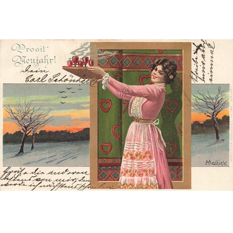 n°23736 - Nouvel An - Mailick - Prosit Neujahr - Jeune femme portant des verres sur un plateau