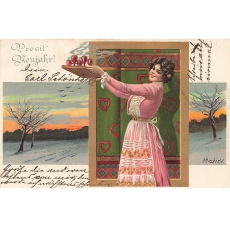 n°23736 - Nouvel An - Mailick - Prosit Neujahr - Jeune femme portant des verres sur un plateau