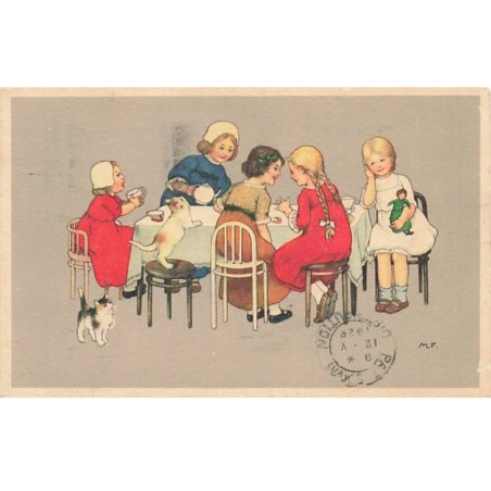 n°23748 - Fantaisie - M. Flatscher - Fillettes prenant le thé, certaines avec des poupées - chat