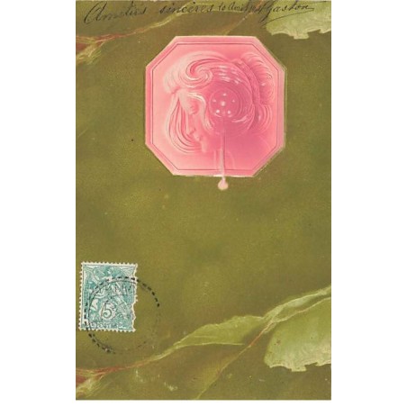 n°23753 - Carte Gaufrée - Art Nouveau - Profil d'une femme dans un médaillon