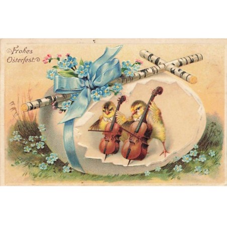 n°23758 - Carte Gaufrée - Frohes Osterfest - Poussins jouant du violoncelle dans un oeuf fleuri