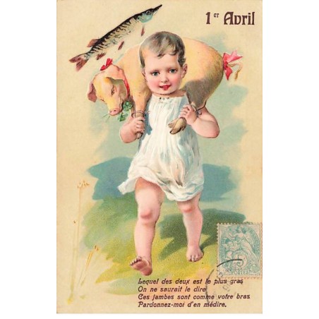 n°23761 - Carte Gaufrée - 1er Avril - Lequel des deux est le plus gras ... - Jeune enfant portant un cochon