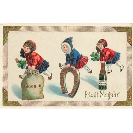 n°23762 - Prosit Neujahr - Enfants sautant par-dessus un sac de pièce, un fer à cheval, du champagne