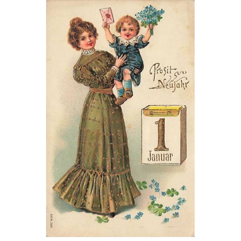n°23763 - Carte Gaufrée - Prosit Neujahr - Jeune femme portant un bébé tenant un bouquet de myosotis et une lettre