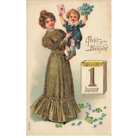 n°23763 - Carte Gaufrée - Prosit Neujahr - Jeune femme portant un bébé tenant un bouquet de myosotis et une lettre