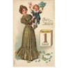 n°23763 - Carte Gaufrée - Prosit Neujahr - Jeune femme portant un bébé tenant un bouquet de myosotis et une lettre