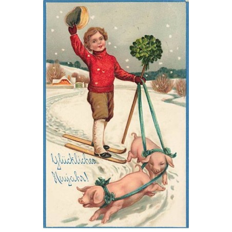 n°23767 - Carte Gaufrée - Glückliches Neujahr - Garçon sur des skis, tiré par des cochons