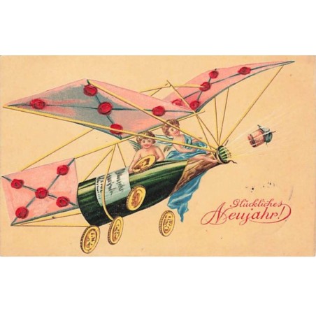 n°23768 - Carte Gaufrée - Glückliches Neujahr - Deux anges assis sur une bouteille de champagne transformée en avion